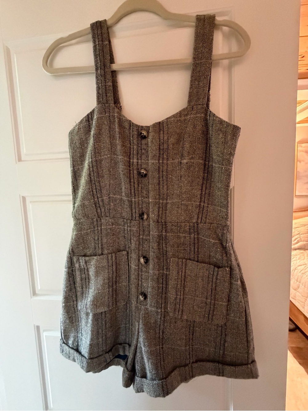 Sage Plaid Button-Front Romper in Heathered deep brown and dark tan